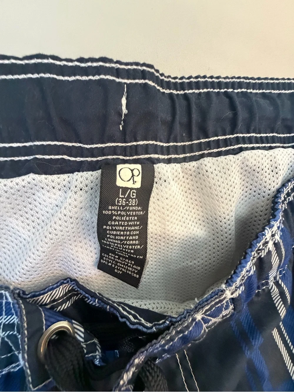 OP Men’s Navy and Royal Blue Plaid Swim Trunks